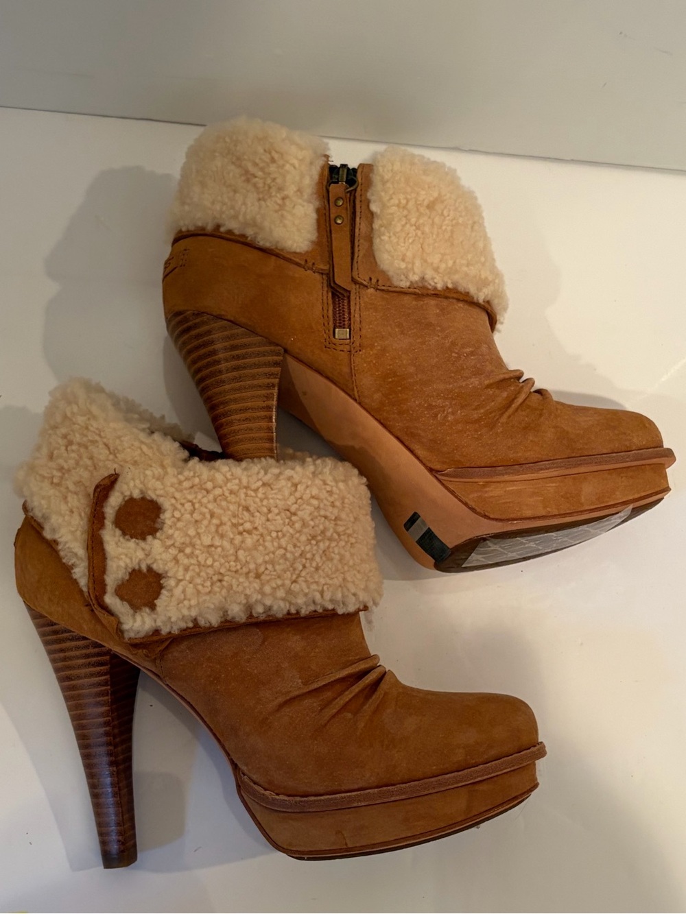 UGG Georgette Chestnut Suede Shearling Cuff High-Heel Ankle Boots - Picture 4 of 11